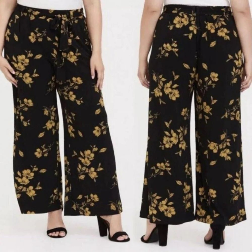 Torrid Plus Size 3 Black Yellow Gold Floral Wide Leg Tie Waist Pants 11932105